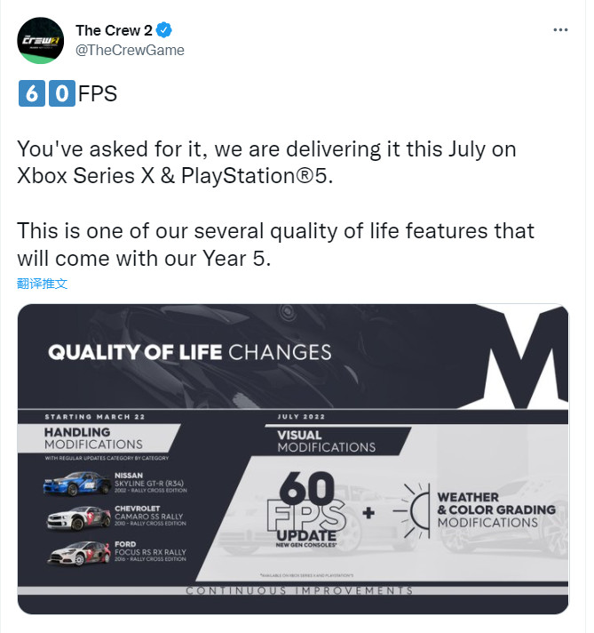 《飆酷車神2》將在7月支持次世代主機60FPS
