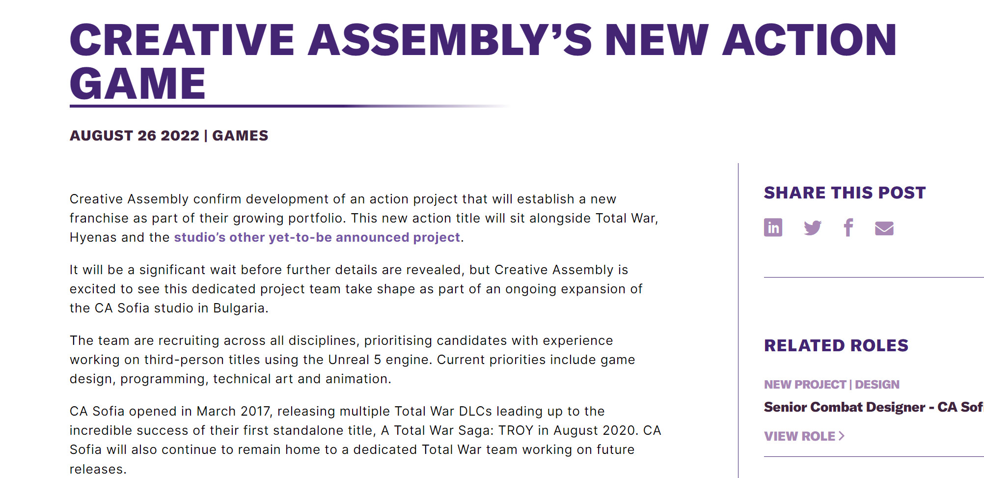 《全戰》開發商打造第三人稱動作遊戲 虛幻5引擎