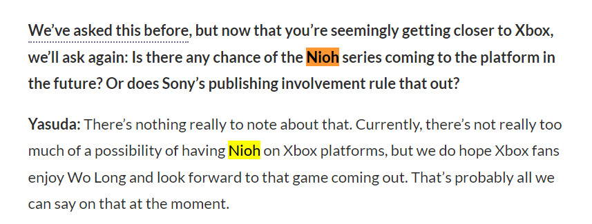 Team Ninja：《仁王》不太可能登陸Xbox平台
