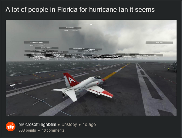大量《微軟飛行模擬》玩家勇闖美國佛州颶風“伊恩”