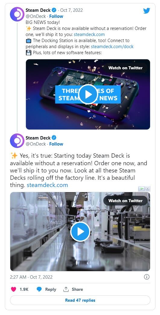 Valve表示Steam Deck現在無需預訂即可購買