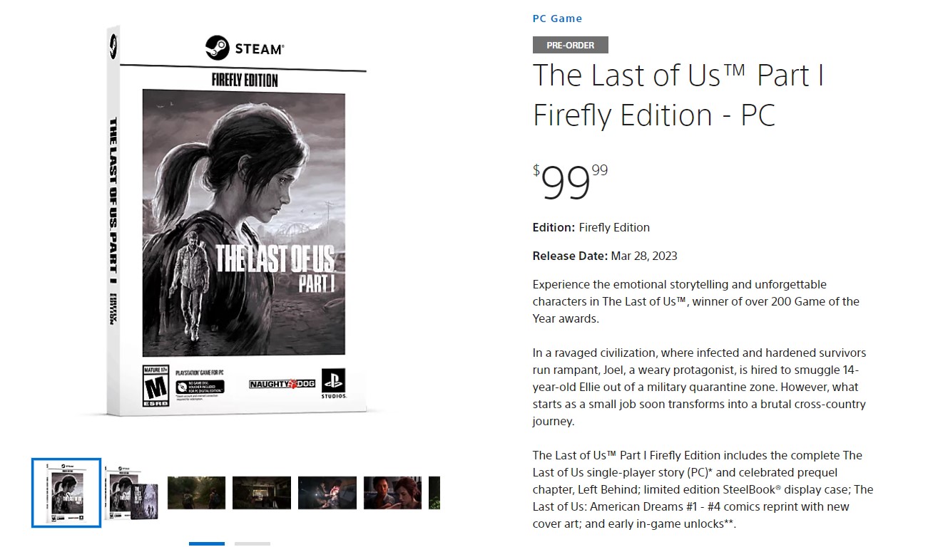 《最後的生還者Part1》PC火螢版開啟預購 售價100刀