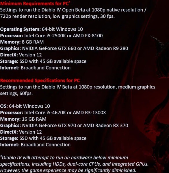 《暗黑破壞神4》公開測試官方PC系統要求公布
