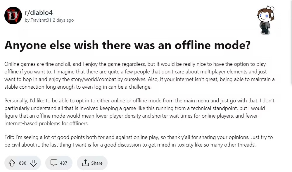《暗黑破壞神4》玩家希望有離線模式：不想排隊和掉線
