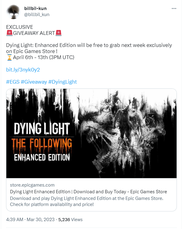 知名爆料人：Epic下周將免費送出《垂死之光》增強版