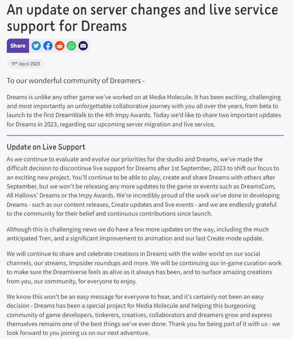 PS獨佔創造平台《Dreams》將於9月1日停止未來支持