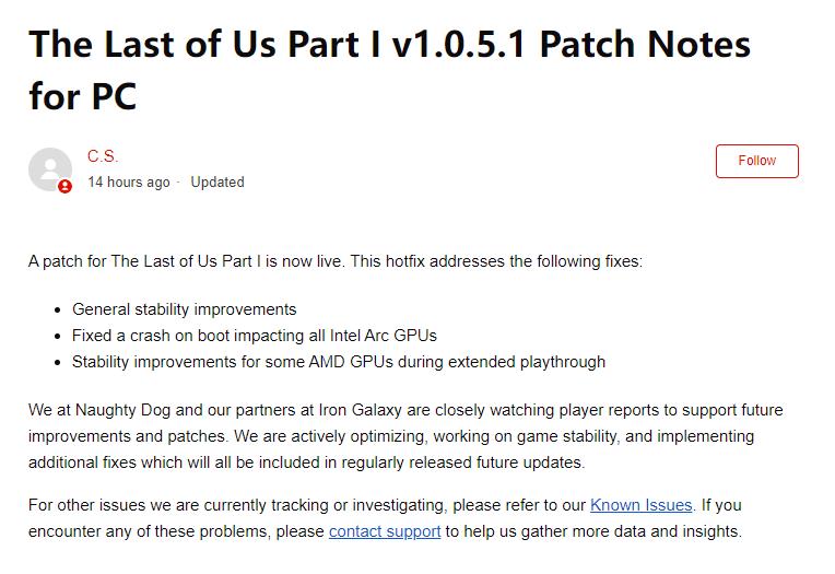 《最後的生還者Part1》PC版新補丁上線 穩定性改進