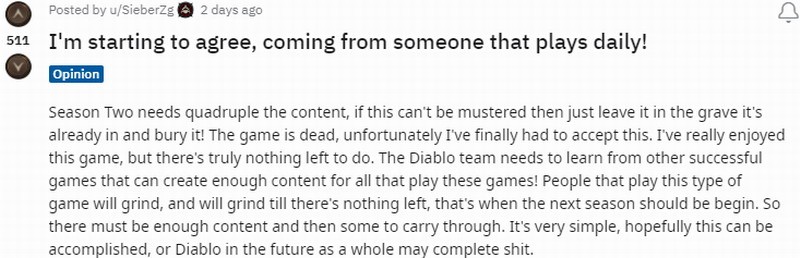 玩家稱《暗黑4》第2賽季必須有大量內容 否則必死