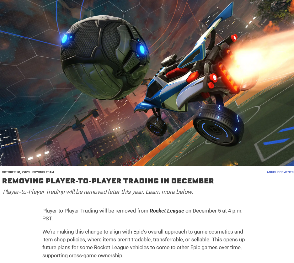 為符合Epic方針 《火箭聯盟》將於12月移除玩家間交易功能