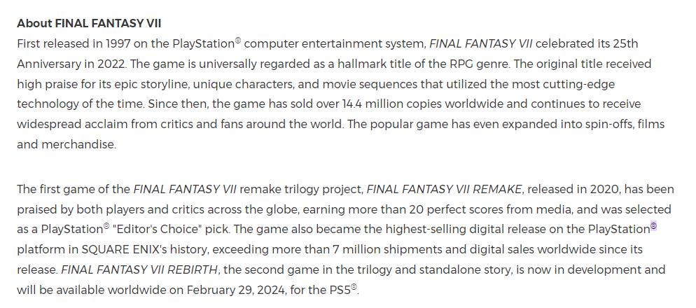 《太空戰士7：重製版》成為SE在索尼平台數字銷量最高的遊戲