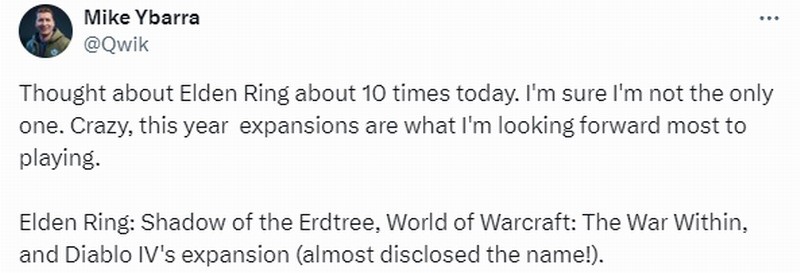 暴雪前總裁非常期待《艾爾登法環》DLC：每天想十次