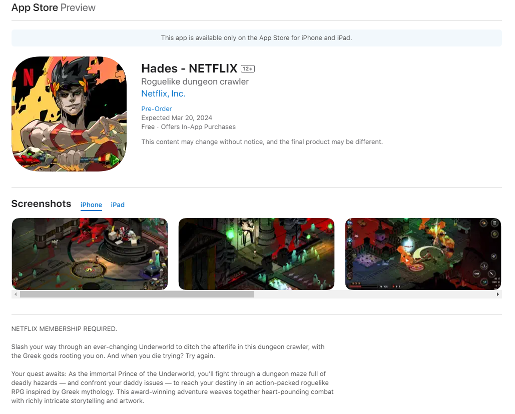 《黑帝斯》Netflix合作iOS版 將於3月20日正式上線