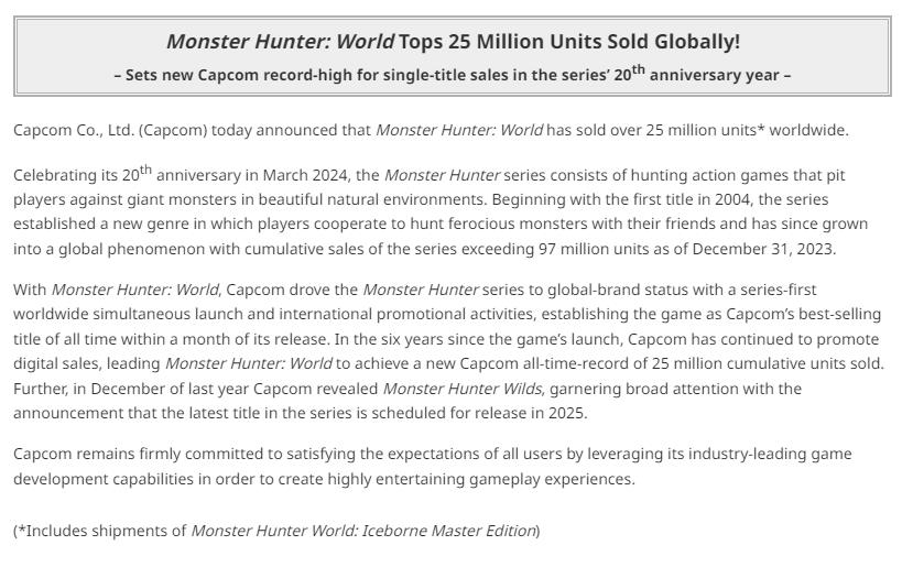 《魔物獵人：世界》全球銷量突破2500萬 創造卡普空新紀錄