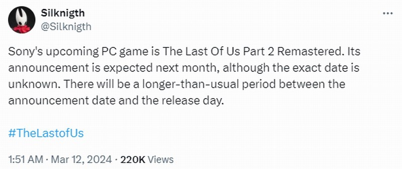 曝《最後生還者2：重製版》PC版將於4月公布 期待嗎？