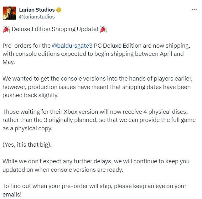 《柏德之門3》PC豪華版開始發貨 主機版宣布延期
